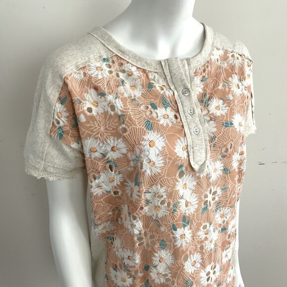 Miss Me Top M Oatmeal Embroidered Short Sleeve - Picture 11 of 12